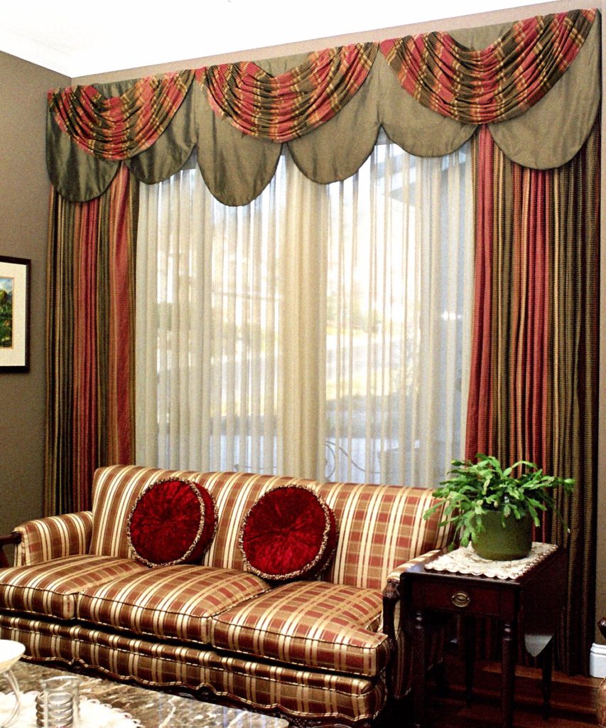 Custom valances, drapery and sheer window treatment. Silk upholstered sofa in Fairfield Ca