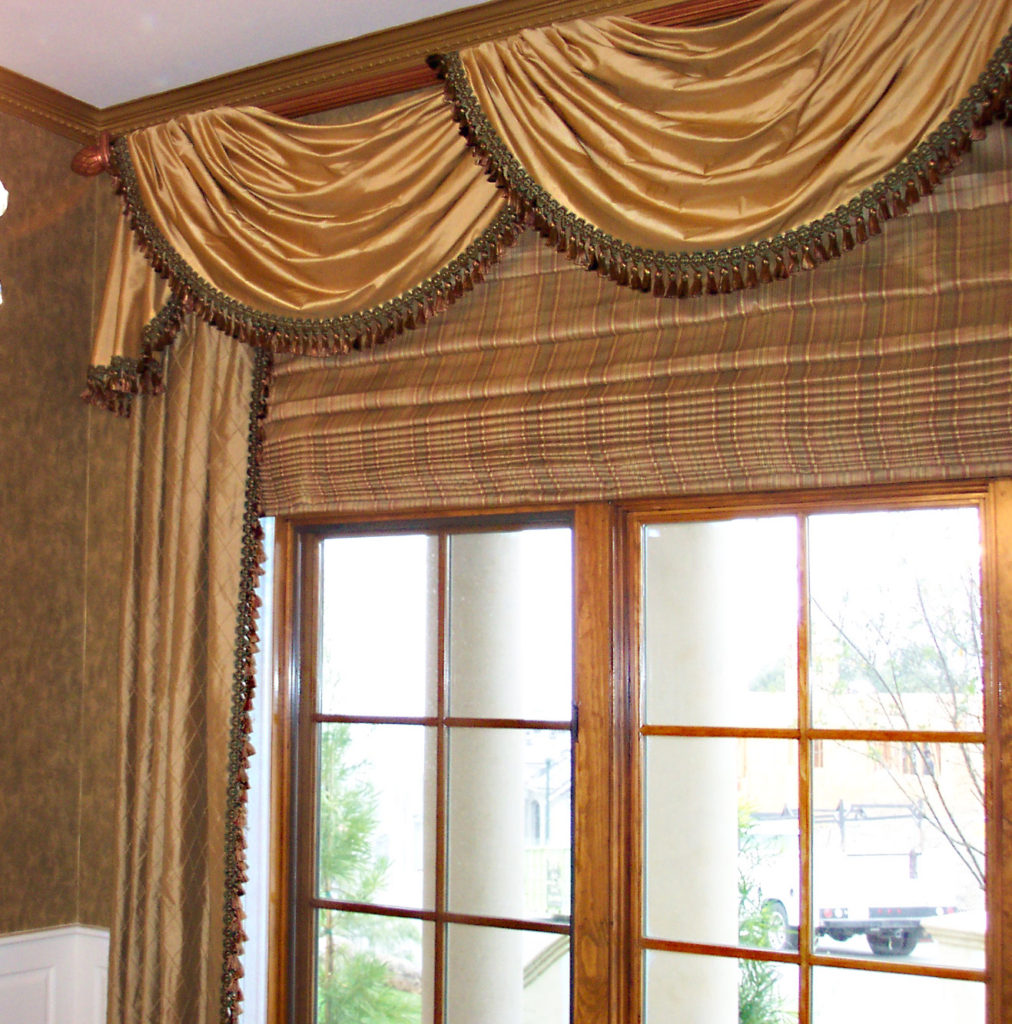 drapery panel, swags, cascades, roman shades complete custom window treatments