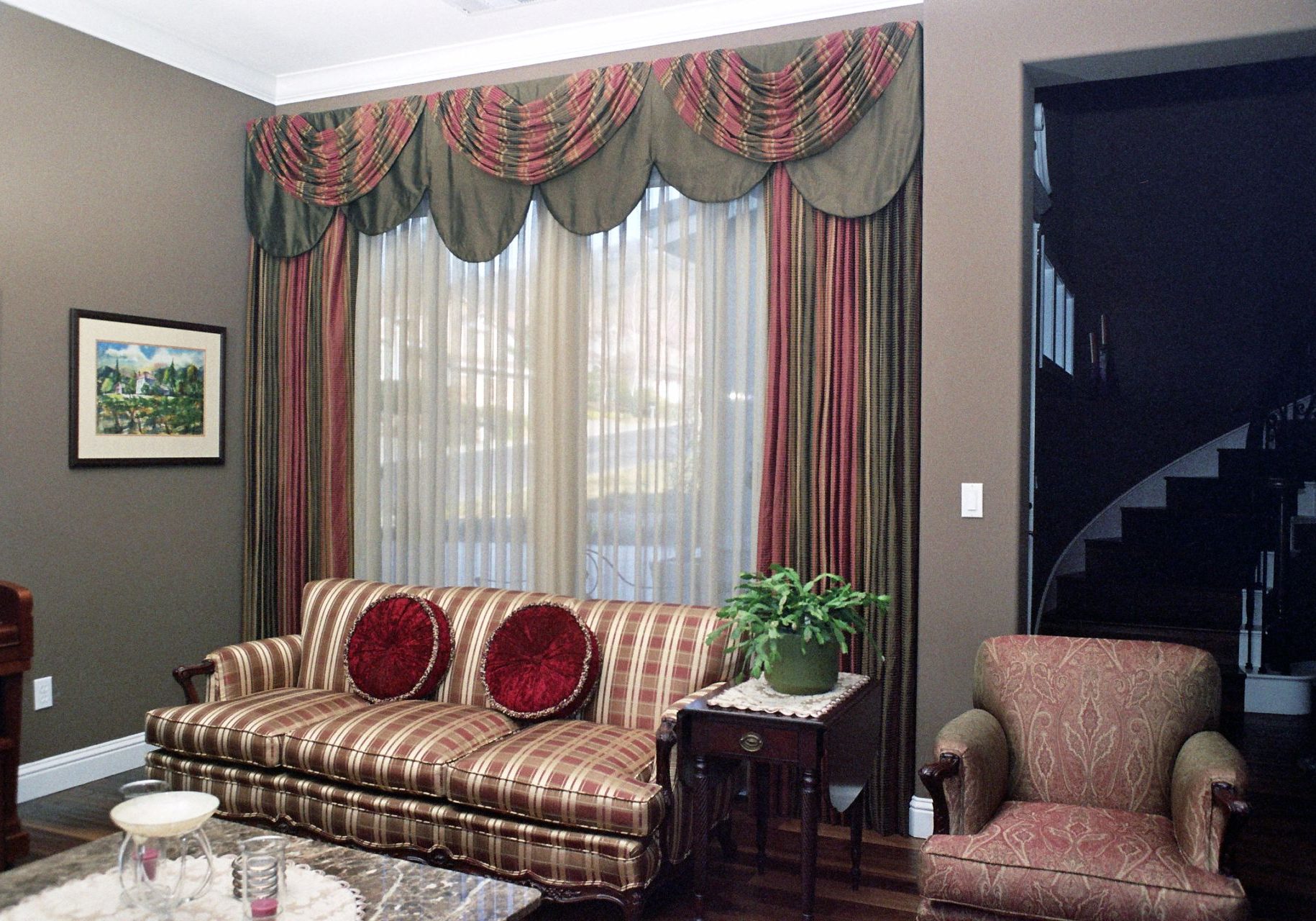 Custom valances and drapery for window treatment, reupholstered furniture, in a mediterranean style , Fairfield Ca